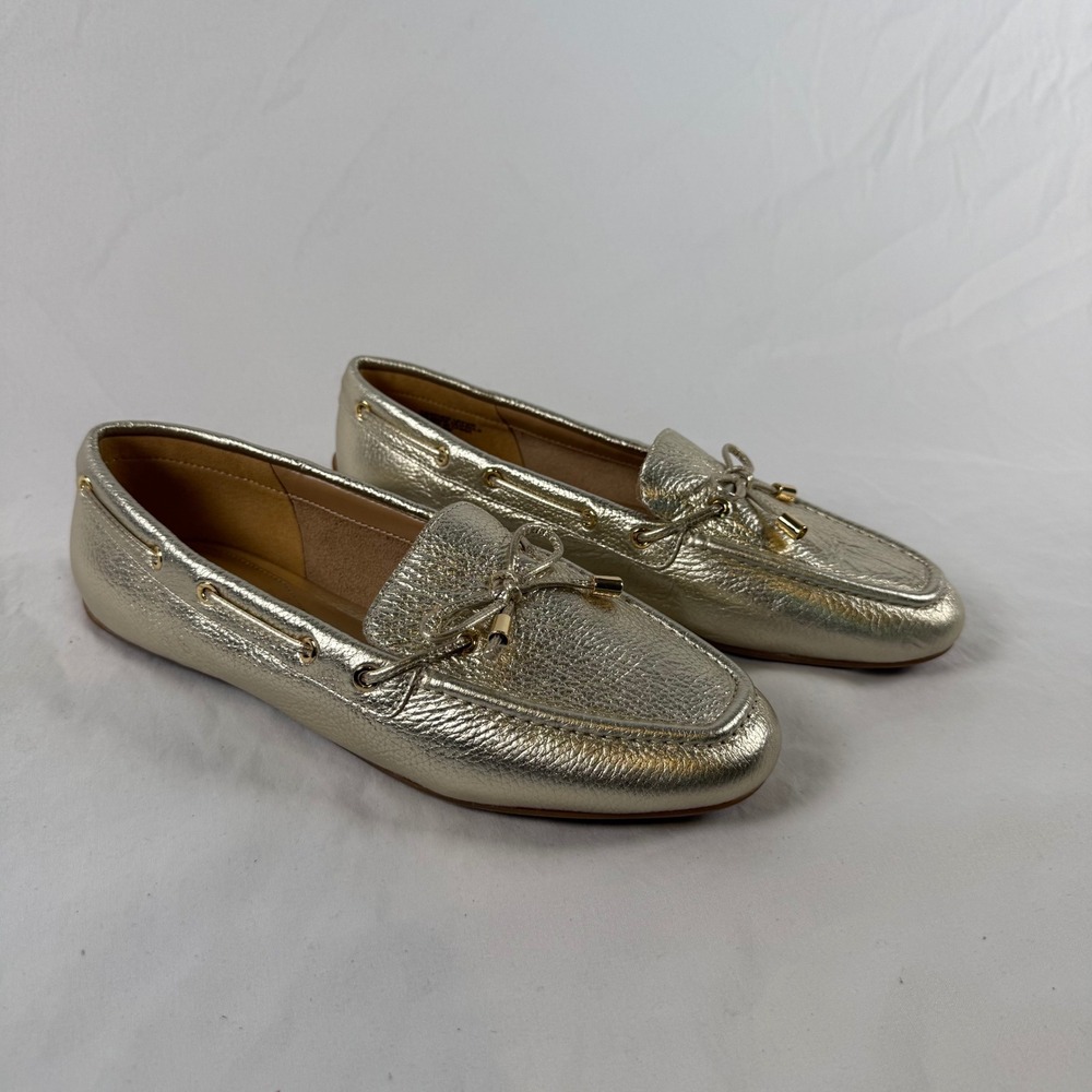Talbots Womens Metallic Gold Pebbled Leather Driving Loafers Bow Detail Size 8M